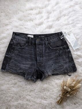 Anthropologie PILCRO Devon Rhinestone Distressed Denim Shorts Black Wash 25 NWT